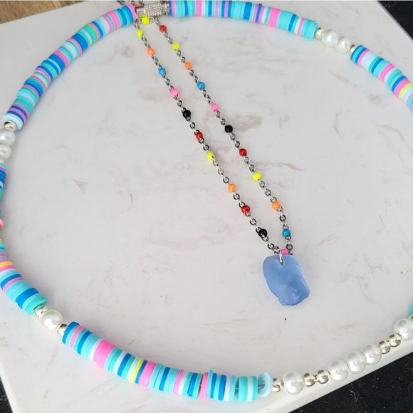 Handmade Doble layer necklace stainless steel and seaglass - Picture 4 of 10